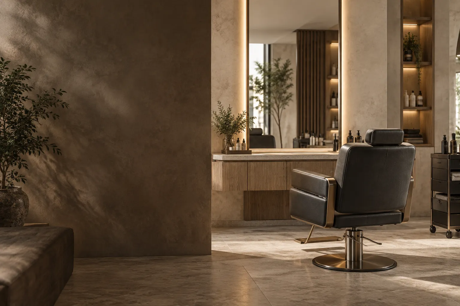 Ảnh concept: không gian salon hiện đại với ghế cắt tóc bọc da, gương đèn LED và tủ gỗ ấm