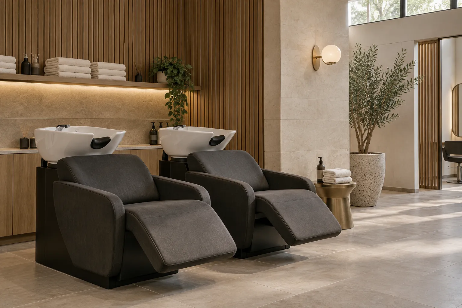 Ảnh concept: khu vực gội đầu với hai ghế ngả bọc nỉ than chì, bồn sứ trắng và tường gỗ sồi